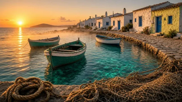Low-Angle Harbor Waterfront with Moored Wooden Caiques and Sunlit Stone Quayside