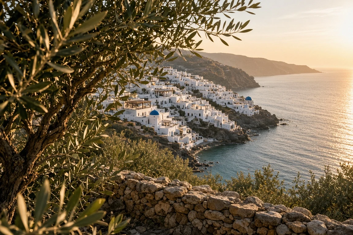 Terraced Olive Grove Overlook Cascading Toward a Sun-Drenched Coastal Bay