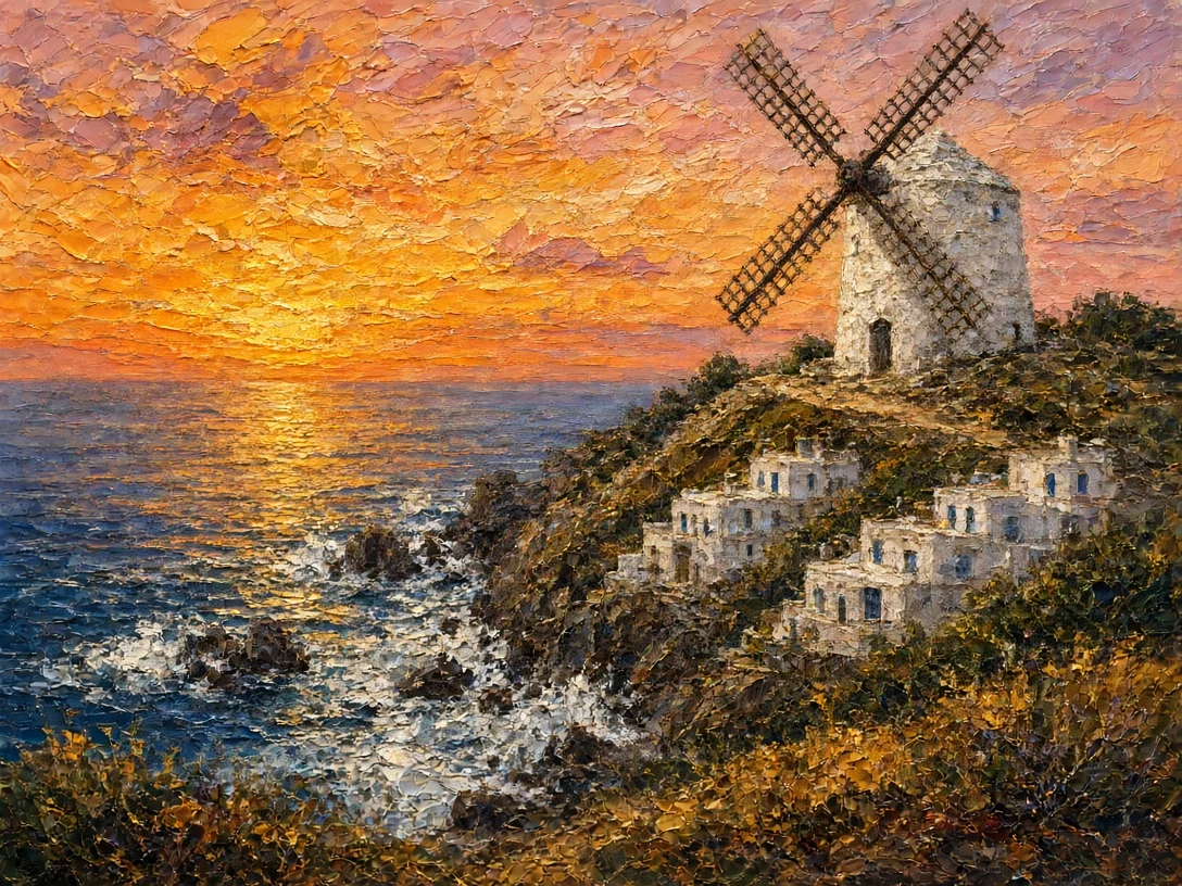 Impasto Oil Painting of Historic Seaside Windmill and Whitewashed Coastal Hamlet