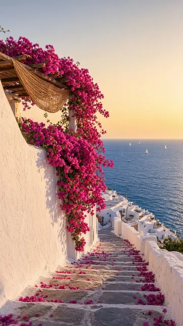Vertical Stairway Passage Flanked by Bougainvillea Descending to the Glinting Ocean