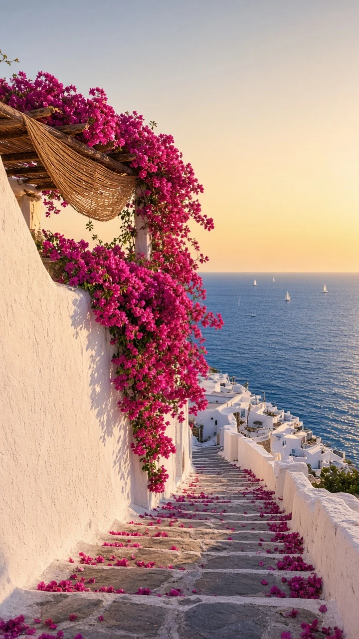 Vertical Stairway Passage Flanked by Bougainvillea Descending to the Glinting Ocean