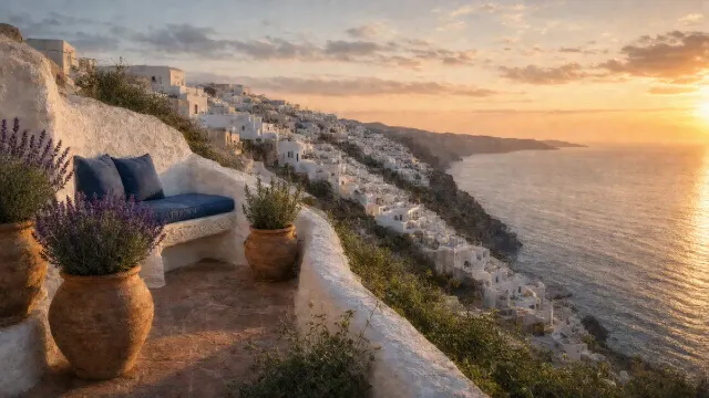 Rooftop Lounge Terrace at Sunset with Terracotta Urns and Sweeping Ocean Vista