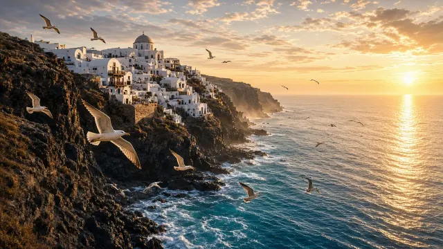 Epic Wide Horizon Overlook with Soaring Gulls Above Sunlit Coastal Terraces