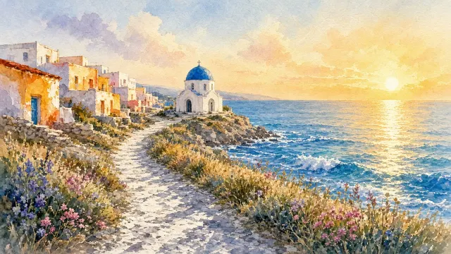 Luminous Watercolor Illustration of a Cliffside Path Leading to a Domed Chapel