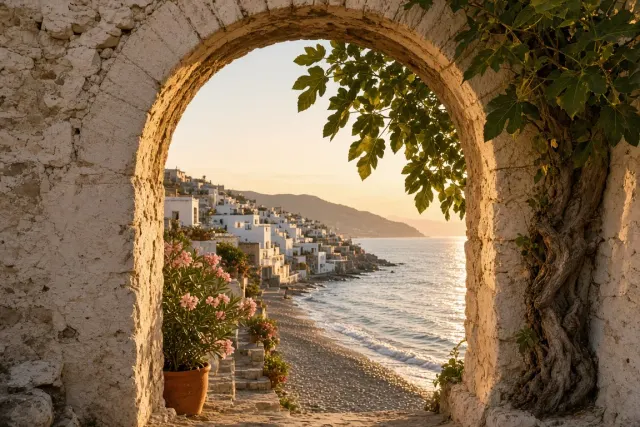 Stone Archway Framing Golden Sunset Reflections Over Whitewashed Coastal Cove
