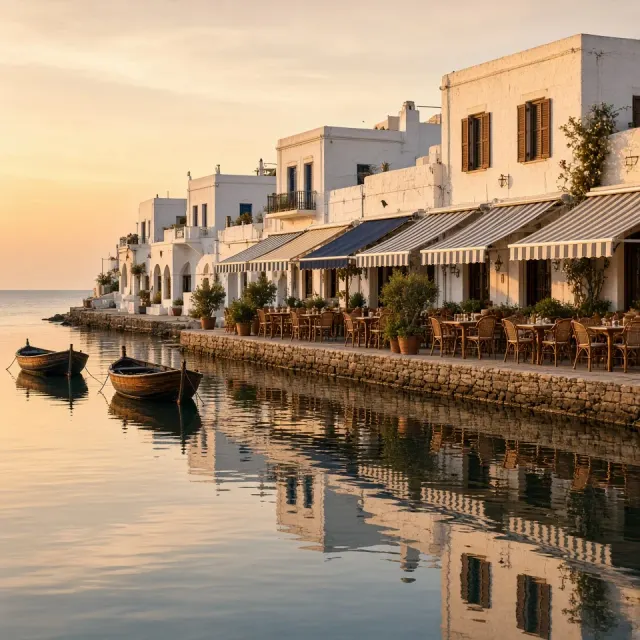 Seaside Taverna Promenade with Striped Awnings and Calming Evening Waters