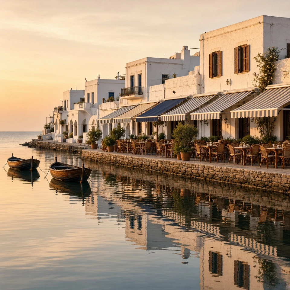 Seaside Taverna Promenade with Striped Awnings and Calming Evening Waters
