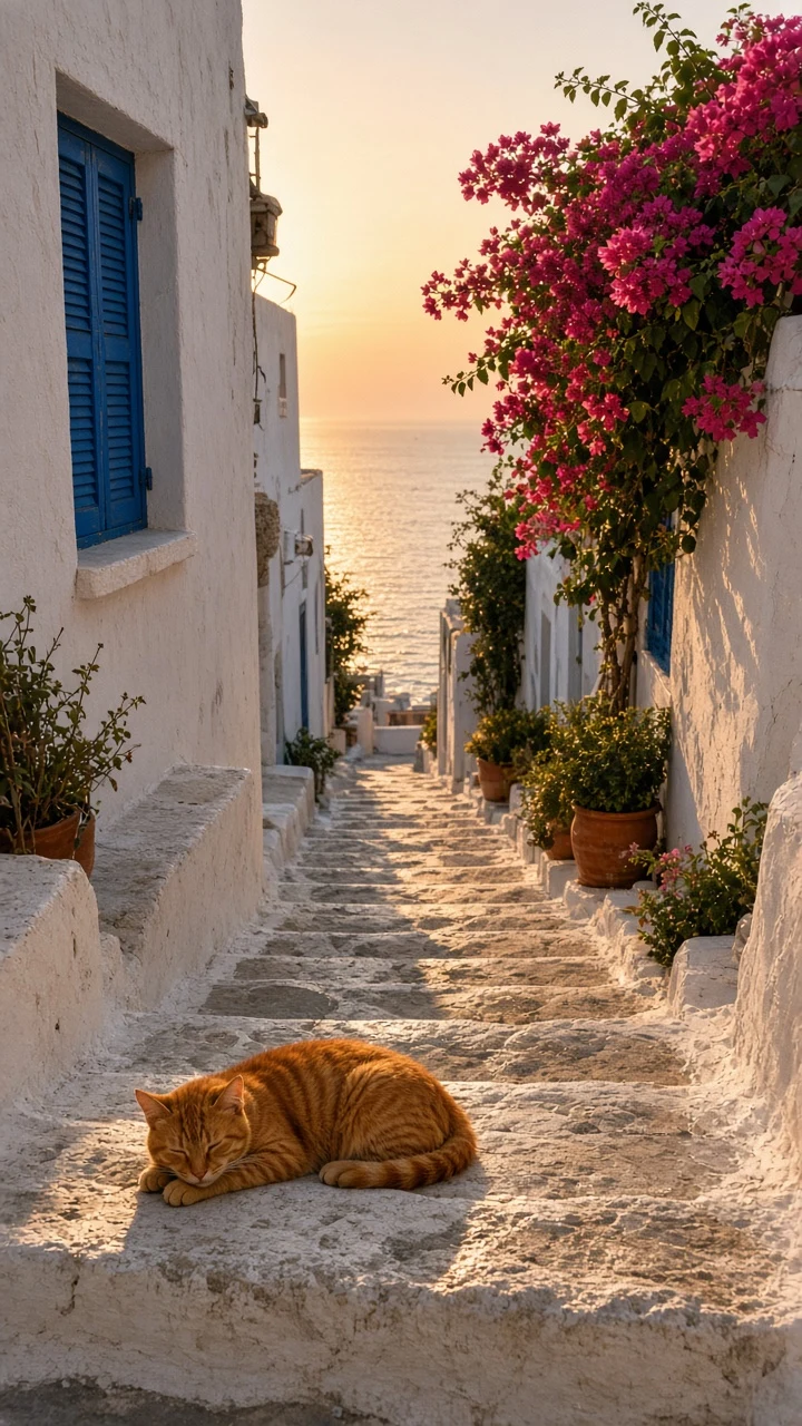 Stepped Village Lane with Sleeping Tabby and Unobstructed Sky for Editorial Framing