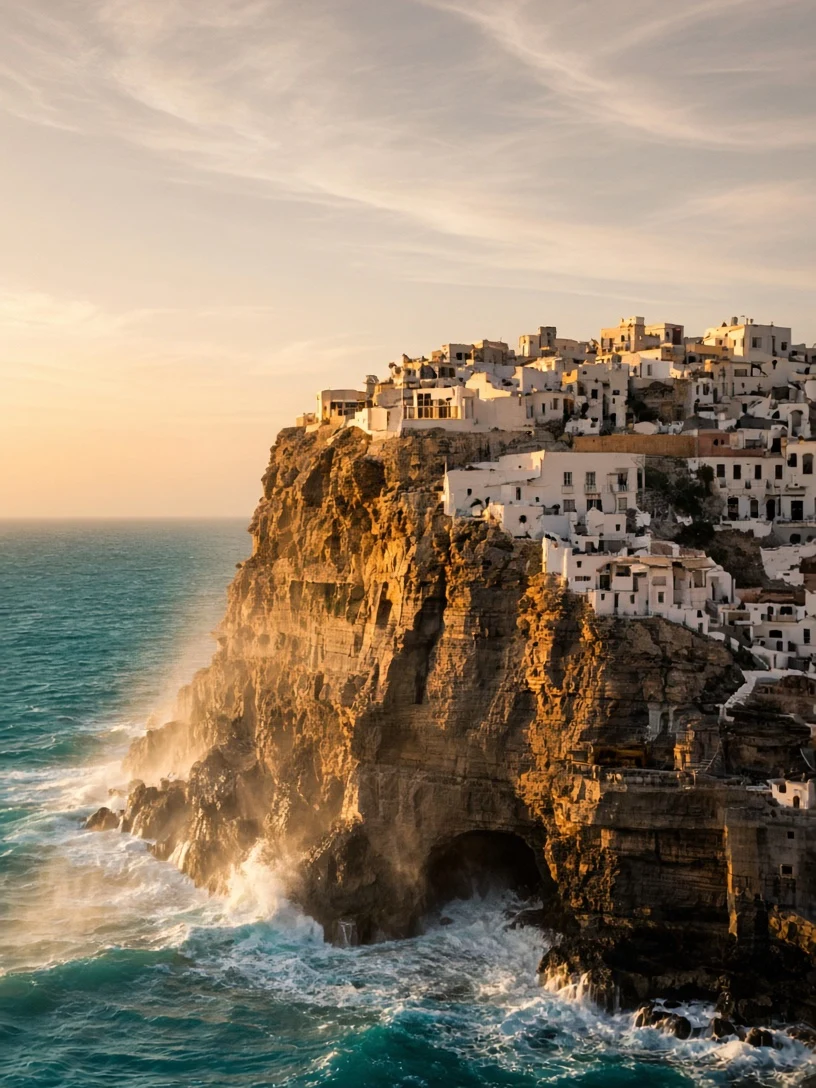 Towering Cliffside Village Vertical Vista with Dramatic Sea-Spray Mist
