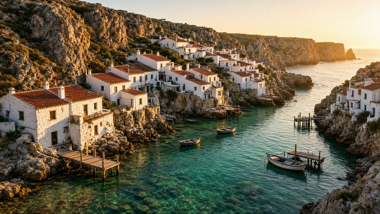 Sheltered Coastal Fjord Village with Sunlit Piers and Emerald Coves