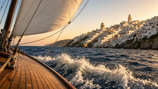 Offshore Sailing Perspective Approaching the Glowing Whitewashed Coastal Hamlet