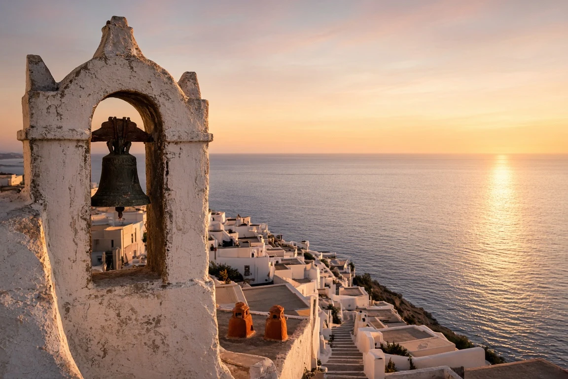 Historic Church Belfry Overlook Framing the Endless Sea and Sunlit Rooftops