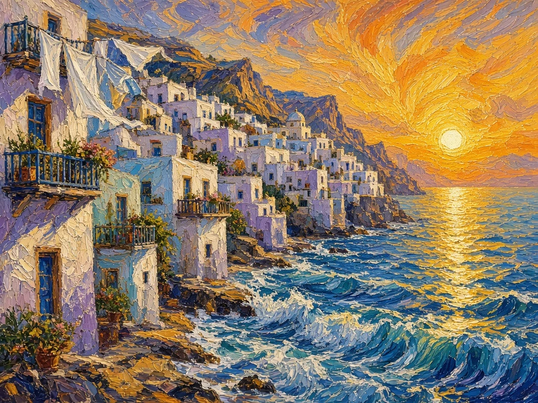 Plein-Air Post-Impressionist Oil of Breezy Waterfront with Billowing Balcony Linens