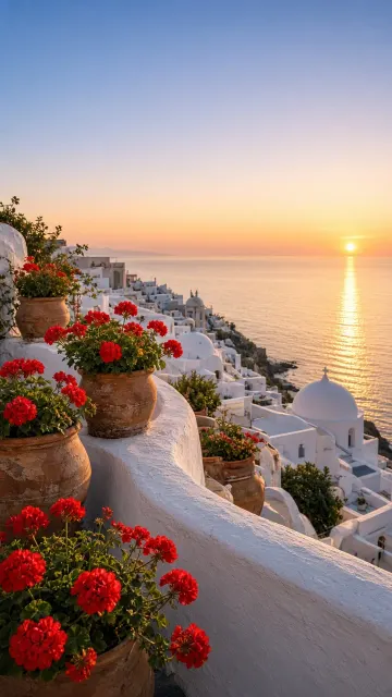 Minimalist Whitewashed Parapet with Scarlet Geraniums and Expansive Upper Sky