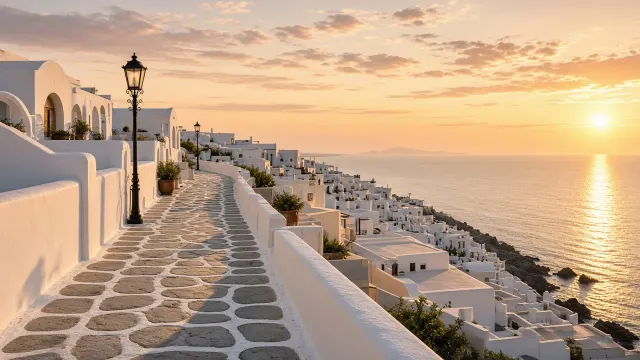 Winding Cobblestone Village Walkway Opening to Sky-Dominant Golden Horizon