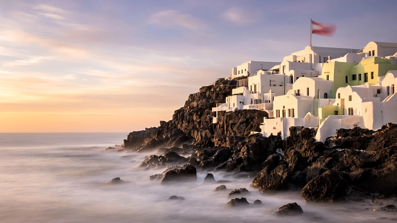 Long-Exposure Fine Art Seascape of Sculpted White Homes Above Silky Ocean Waves