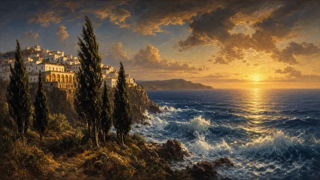 Romantic Classic Oil Painting of Coastal Promontory Village and Wind-Bent Cypresses