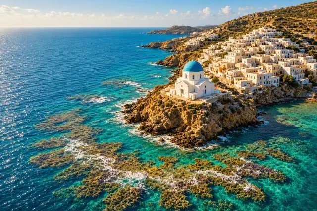 High-Angle Perspective of Seaside Chapel with Translucent Tide and Coastal Reefs