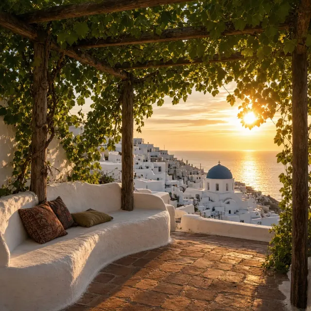 Vine-Shaded Pergola Terrace Looking Over Village Rooftops to the Sinking Sun