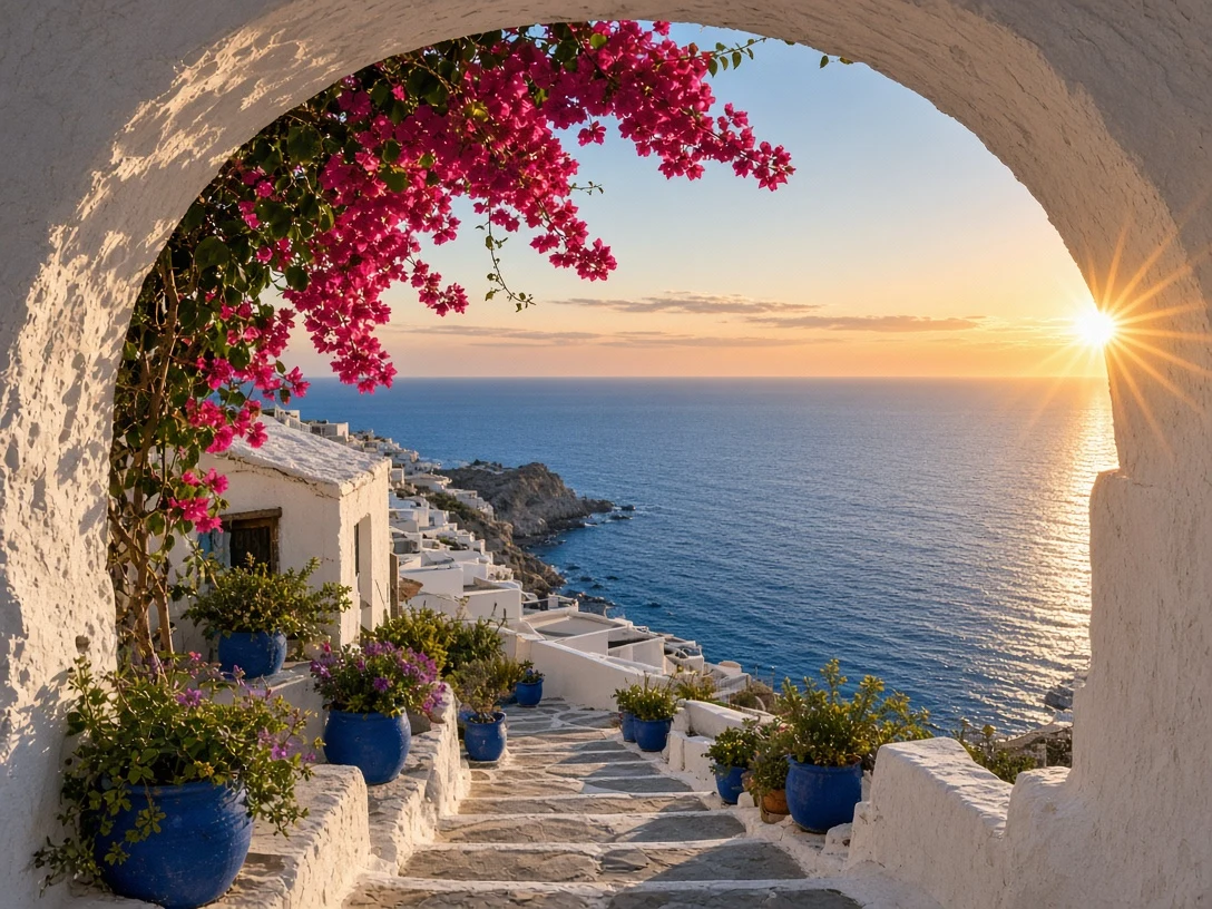 Dynamic Vertical Social Angle Looking Upward Through Whitewashed Coastal Arch