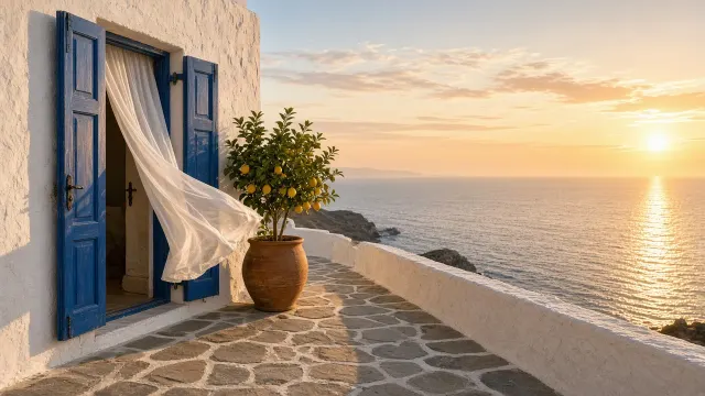 Whitewashed Coastal Doorway with Blue Shutters and Glistening Ocean Horizon