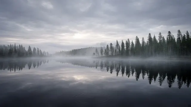 Subdued Nordic Pine Mist over Reflective Mirror Water Surface