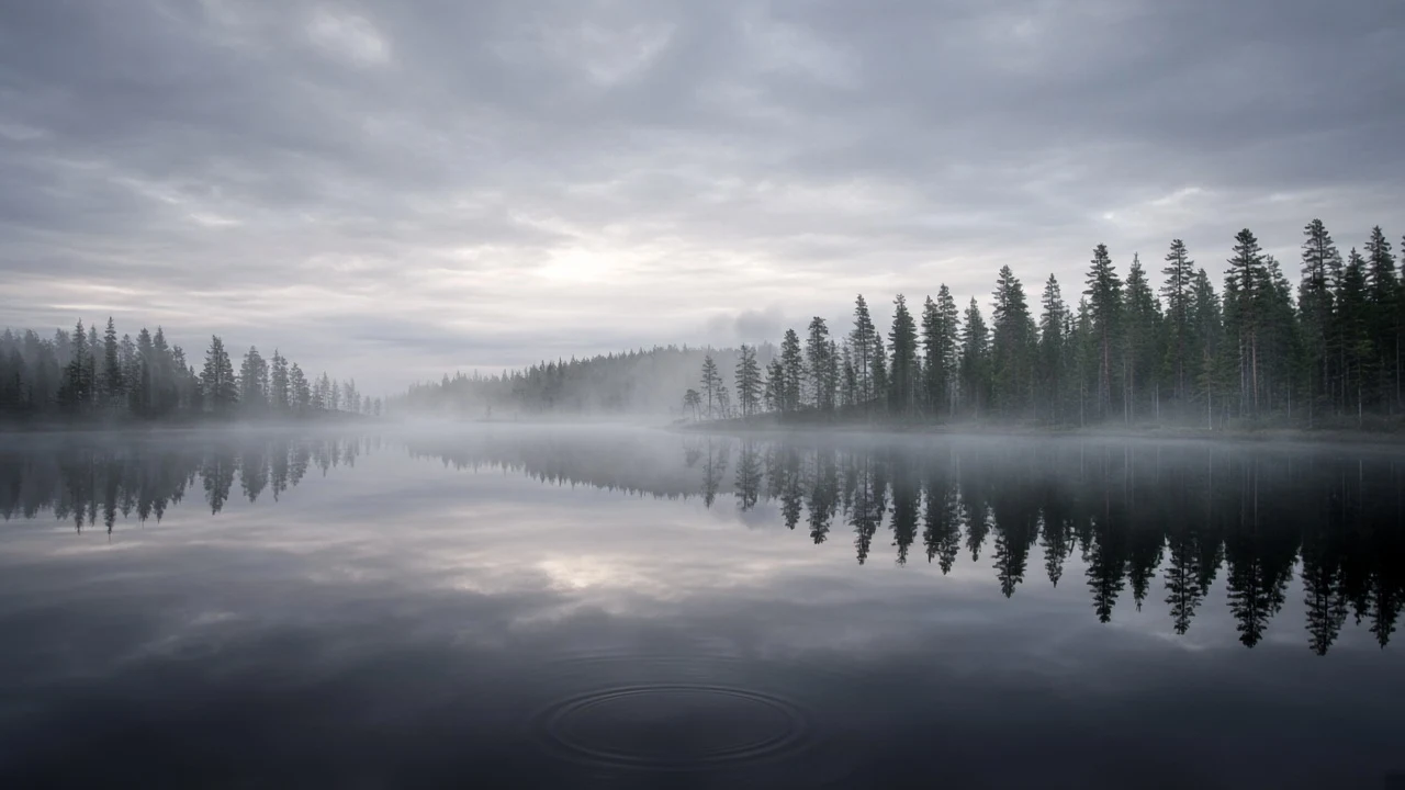 Subdued Nordic Pine Mist over Reflective Mirror Water Surface