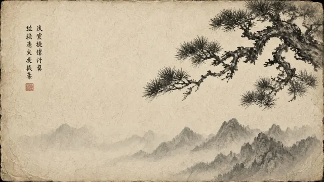 Traditional Ink Wash Pine Bough over Distant Floating Mountain Silhouettes