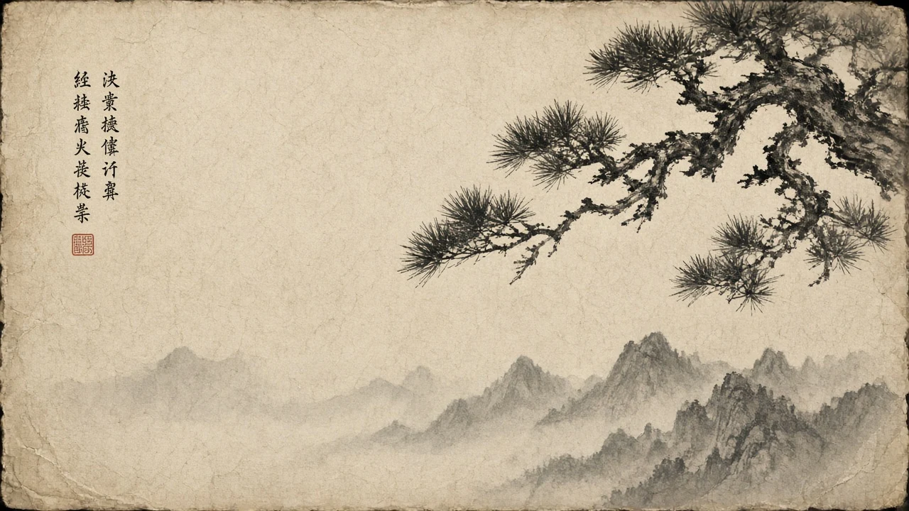 Traditional Ink Wash Pine Bough over Distant Floating Mountain Silhouettes