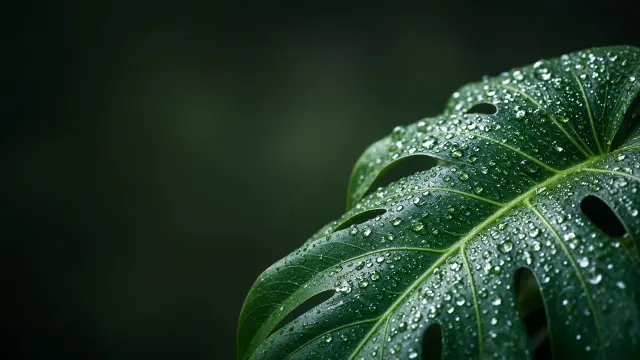 Macro Dewdrops on Monstera Leaf with Quiet Top Screen Gradient