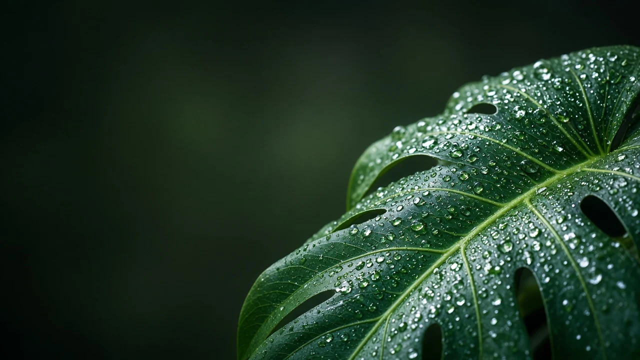 Macro Dewdrops on Monstera Leaf with Quiet Top Screen Gradient