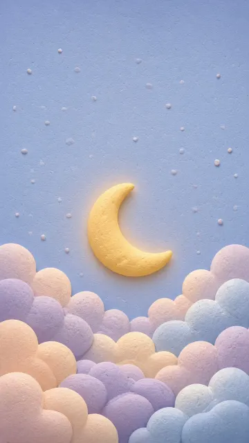 Whimsical Pastel Cloudscape and Gilded Crescent in Clay Modeling Style