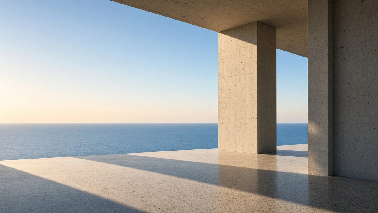 Brutalist Seaside Concrete Colonnade against Deep Ultramarine Horizon