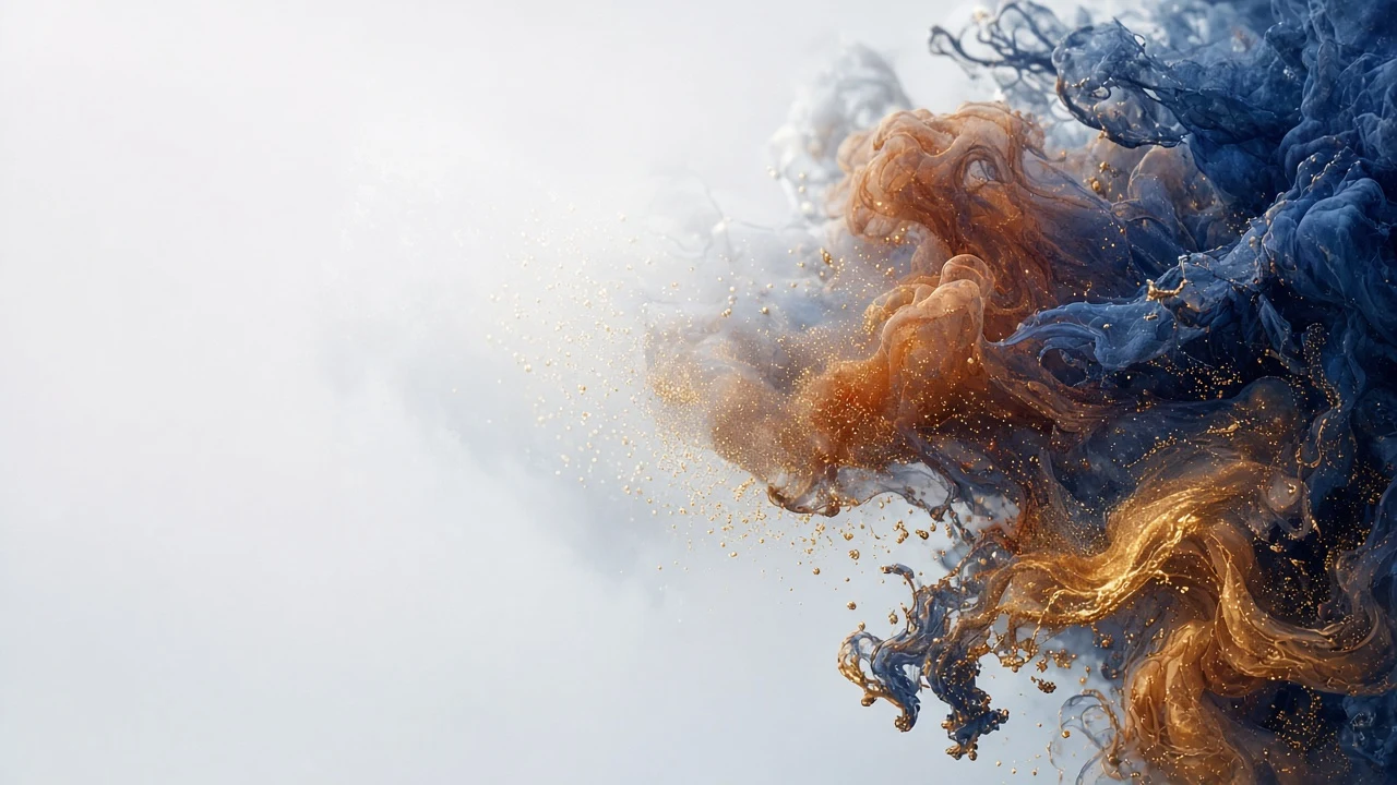 Suspended Indigo and Ochre Pigment Flow in Glass Water Tank