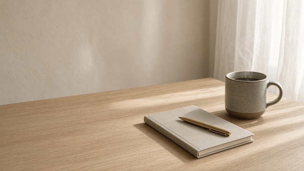 Nordic Desk Corner with Steaming Ceramic Cup and Soft Window Illumination