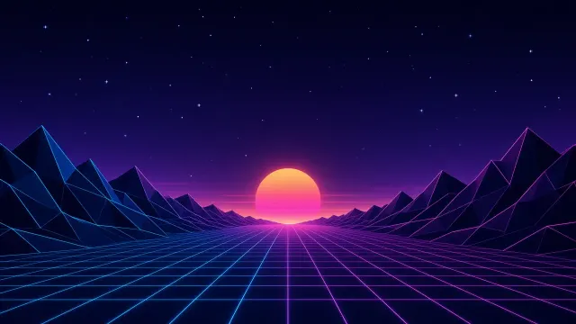 Retro Cyberpunk Neon Ridge over Vast Grid Plain at Night