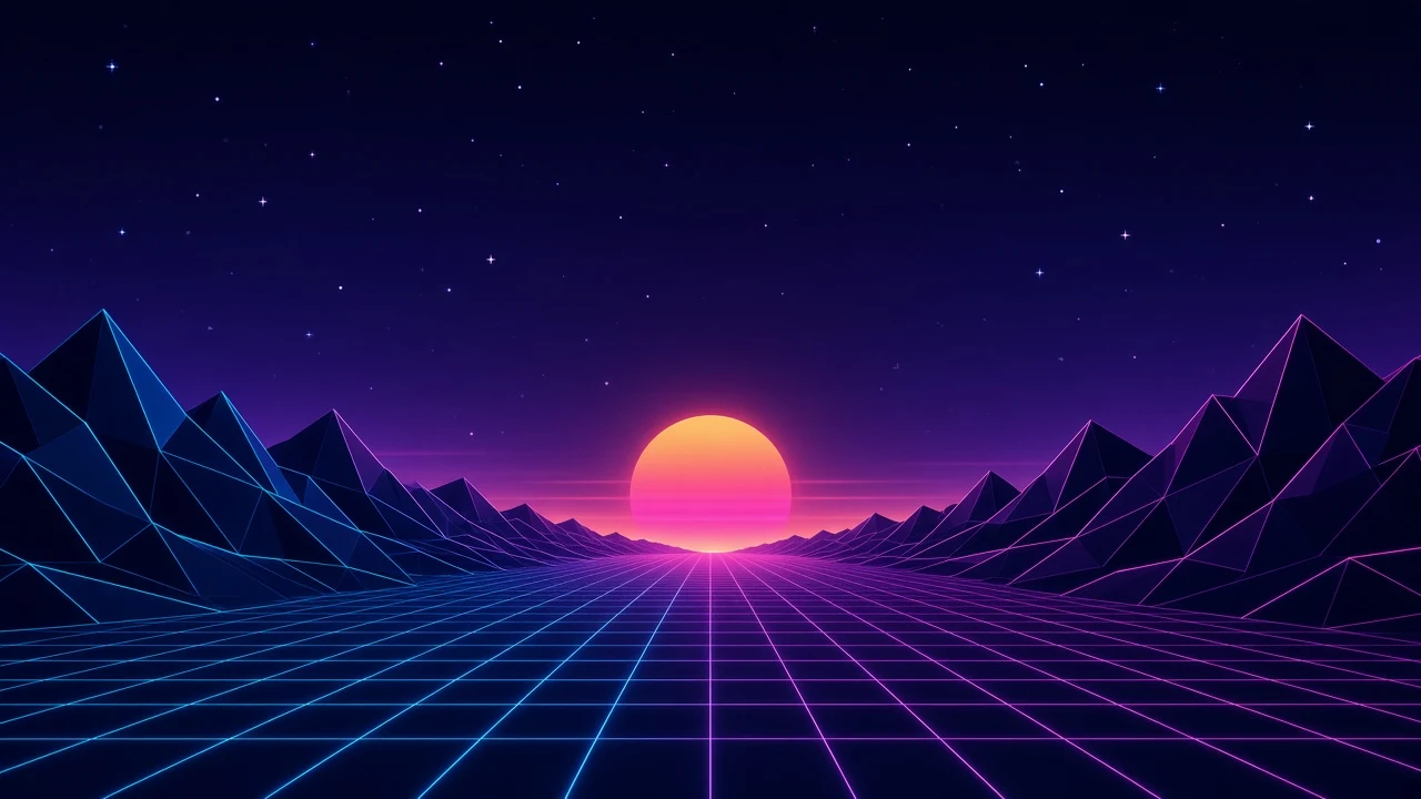 Retro Cyberpunk Neon Ridge over Vast Grid Plain at Night