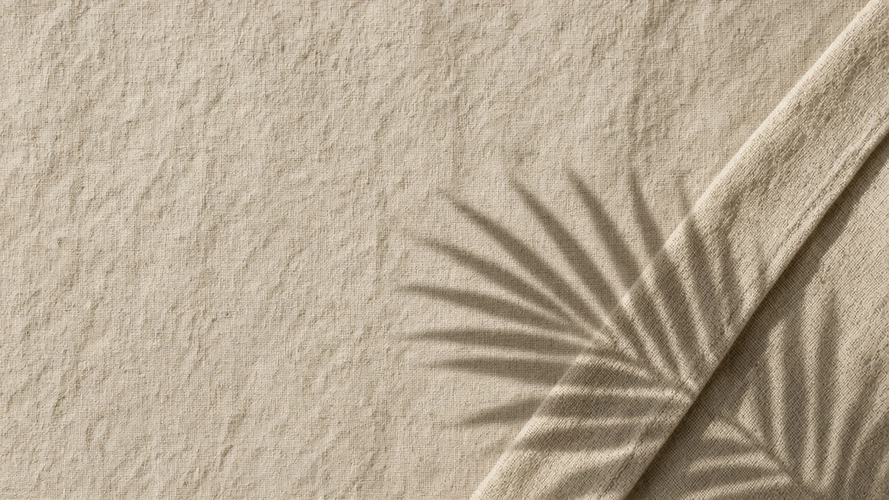 Folded Natural Linen with Palm Frond Shadow Play on Off-White Canvas