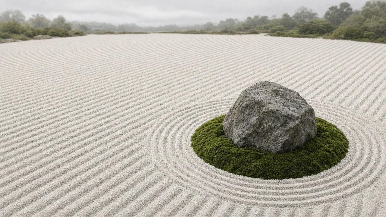 Zen Karesansui Raked White Gravel with Weathered Moss Boulder