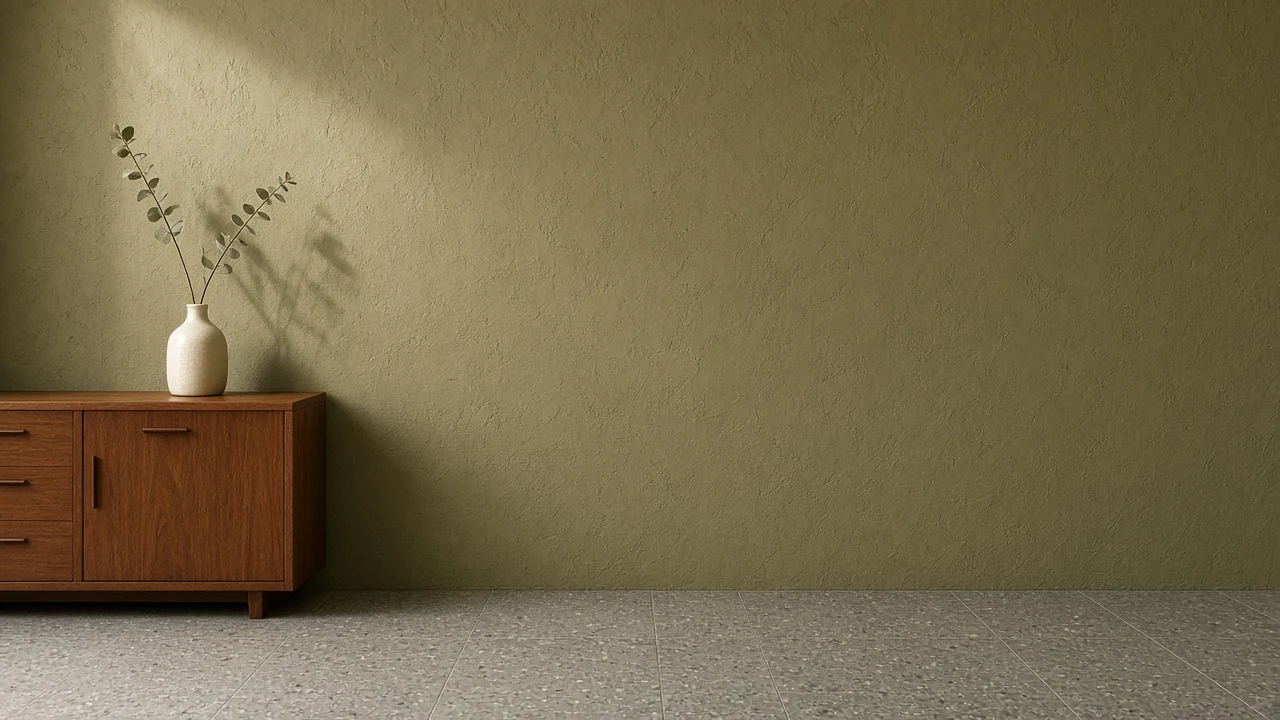 Mid-Century Teak Credenza Vignette against Muted Olive Plaster Wall