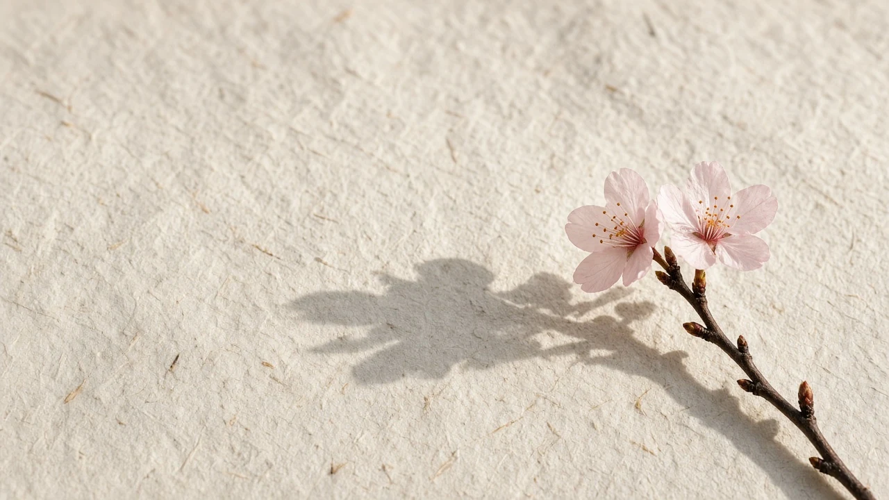 Single Cherry Blossom Twig with Soft Shadow on Warm Rice Paper Wall