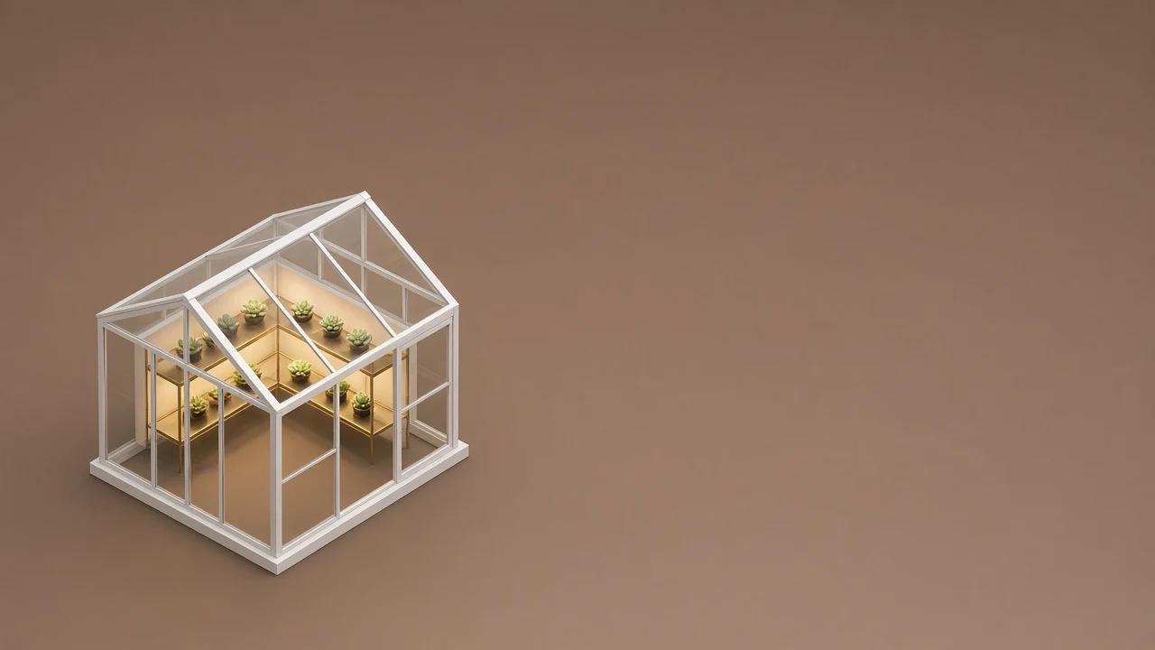 Miniature Architectural Greenhouse Model with Subtle Translucent Acrylic Glow