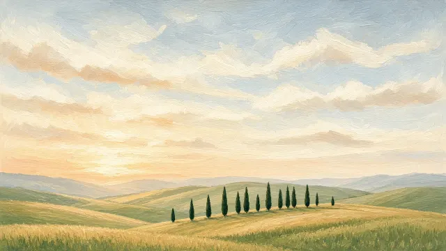 Panoramic Gouache Painting of Rolling Tuscan Hills with Cypress Silhouettes