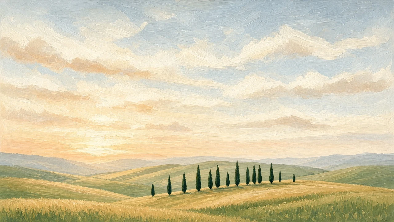 Panoramic Gouache Painting of Rolling Tuscan Hills with Cypress Silhouettes