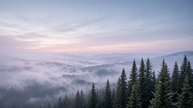 Misty Alpine Conifer Canopy Under Ethereal Blue Dawn