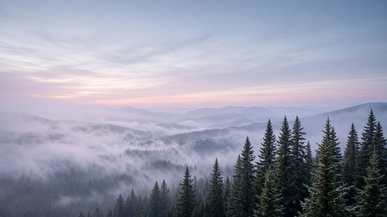 Misty Alpine Conifer Canopy Under Ethereal Blue Dawn