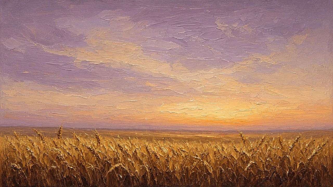 Textured Impasto Wheat Field Beneath Twilight Lavender Sky
