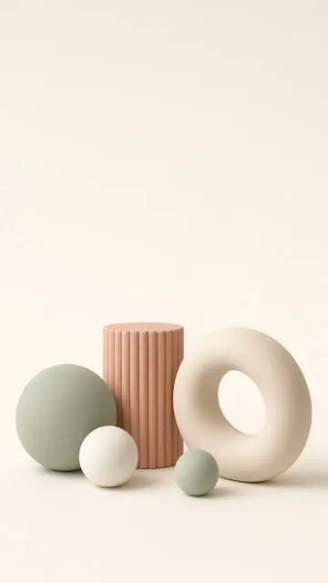 Floating Ceramic Geometries in Warm Pastel Ivory Void