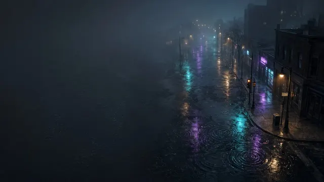 Nocturnal Rain Reflections and Diffuse Cyan Neon Haze