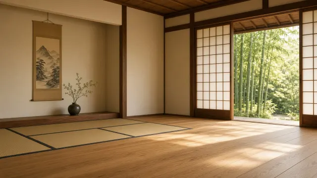 Zen Tatami Interior with Sunlit Bamboo Garden View